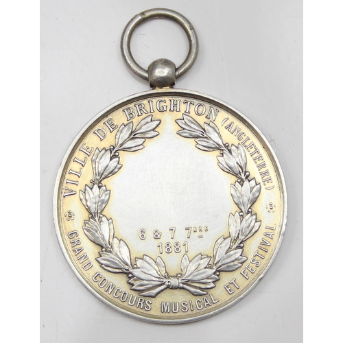 1080B - An unusual French silver medallion for the Brighton Music festival 1881, indistinctly marked but XRF... 