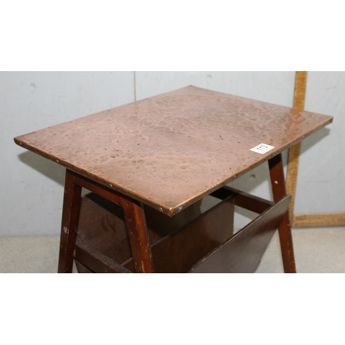 113 - Vintage copper-topped table with magazine rack, approx 50cm W x 38cm D x 46cm H