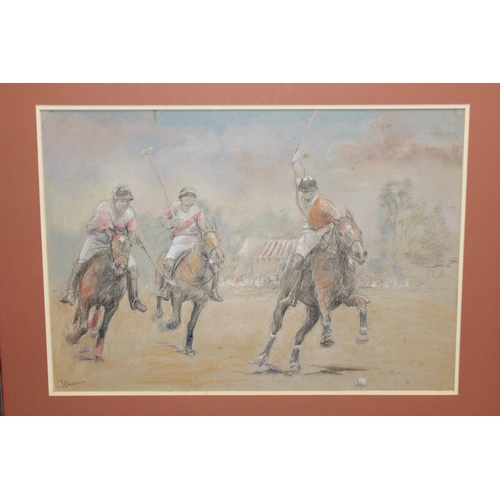 488 - Jane Dunn (XX), Pastel and pencil drawing of a polo match, indistinctly signed lower left 