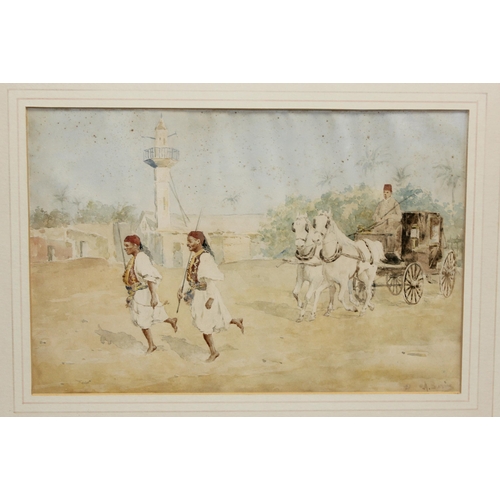 492 - A superb quality antique watercolour of Middle Eastern soldier in front of a horse and cart, indisti... 