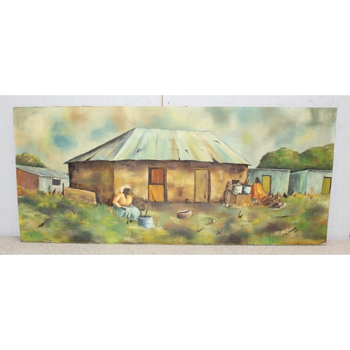 495 - J.S. Mphore (African School XX), 2 oil on board paintings of African house scenes, both signed lower... 