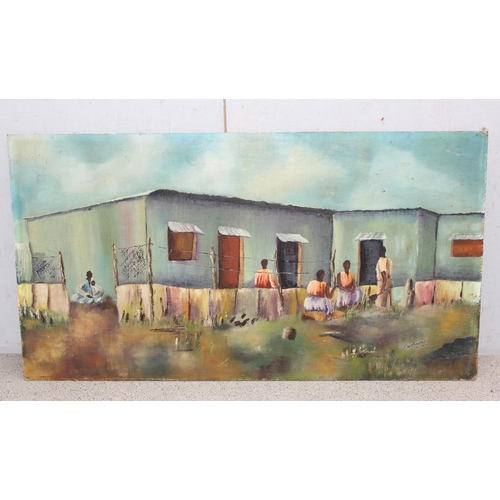 495 - J.S. Mphore (African School XX), 2 oil on board paintings of African house scenes, both signed lower... 