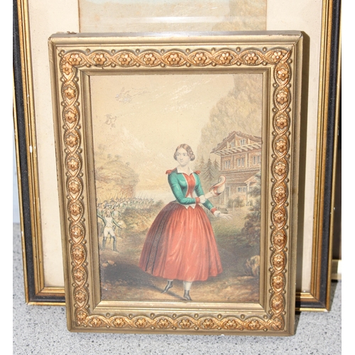 499C - Qty of antique engravings to inc 2 framed antique hand coloured engravings of Jenny Lind in Donizett... 