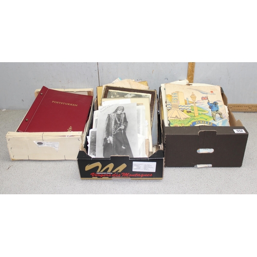 552 - Mixed lot of ephemera to include autographs, photos, newspaper cuttings and postcards