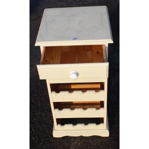 122 - A white painted pine wine rack with single drawer, approx 43cm wide x 43cm deep x 87cm tall