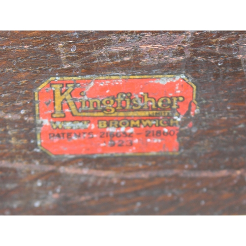 132 - A vintage oak school desk with iron frame by Kingfisher of West Bromwich, approx 62cm wide x 82cm de... 