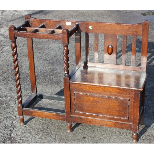 133 - An early 20th century oak hall stand with stick stand and storage seat, approx 97cm wide x 31cm deep... 