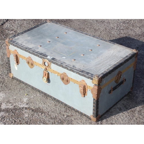 138 - Vintage grey shipping trunk, approx 92cm wide x 51cm deep x 36cm tall