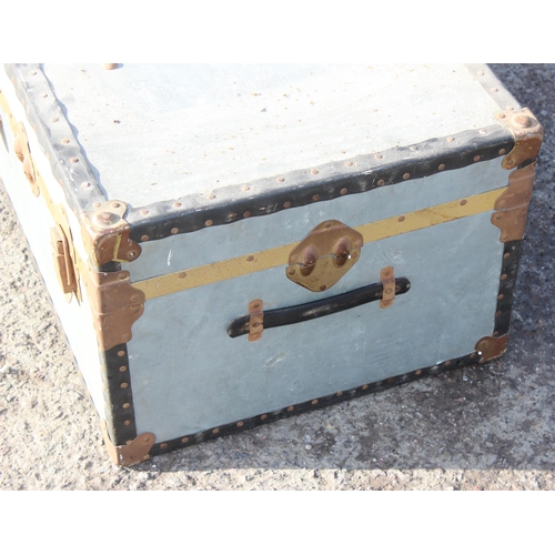 138 - Vintage grey shipping trunk, approx 92cm wide x 51cm deep x 36cm tall