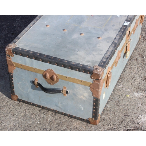 138 - Vintage grey shipping trunk, approx 92cm wide x 51cm deep x 36cm tall