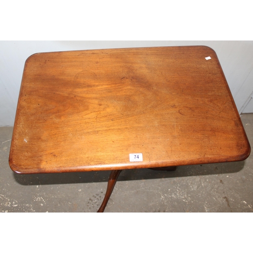 74 - An antique mahogany side table on tripod base, approx 76cm wide x 50cm deep x 73cm tall