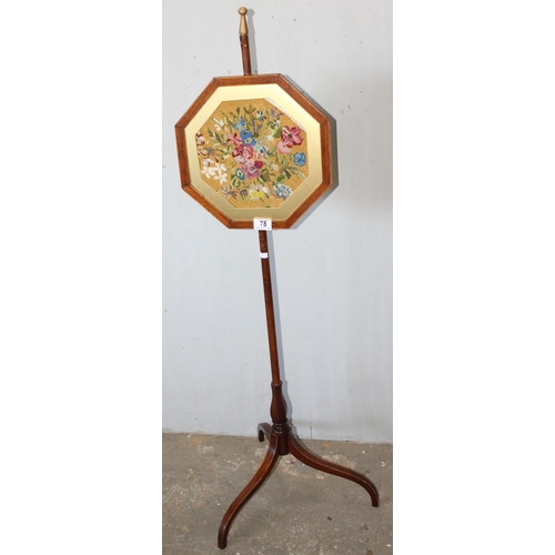 78 - An antique pole screen with octagonal beadwork panel, approx 122cm tall