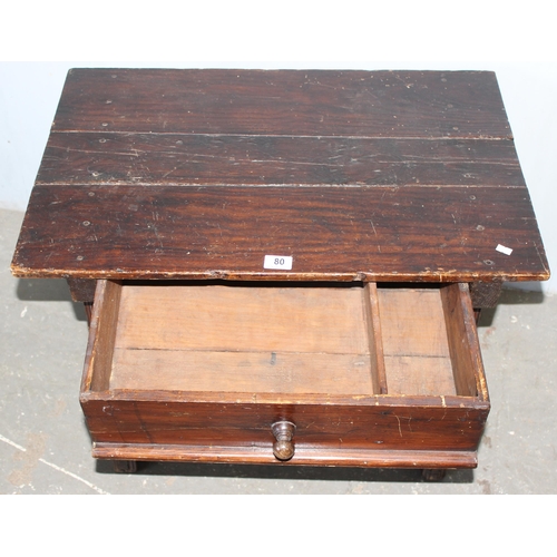 80 - A small antique style stained oak console table with single drawer, approx 76cm wide x 50cm deep x 5... 