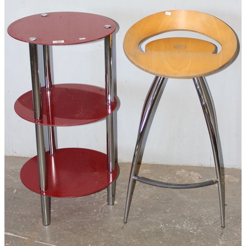 83 - Retro style Italian stool and a red glass 3 tier table (2)