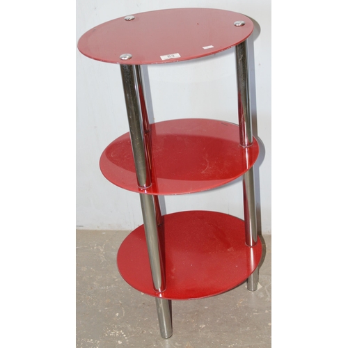 83 - Retro style Italian stool and a red glass 3 tier table (2)