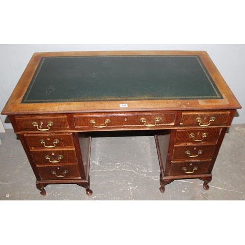 141 - An early 20th century mahogany 3 piece pedestal desk with brass handles and green tooled leather top... 