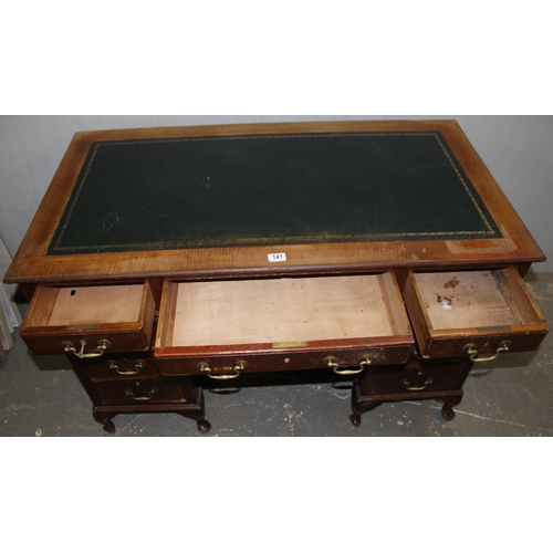 141 - An early 20th century mahogany 3 piece pedestal desk with brass handles and green tooled leather top... 