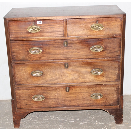 142 - A Victorian mahogany 2 over 3 chest of drawers with unusual champhered corners, approx 102cm wide x ... 