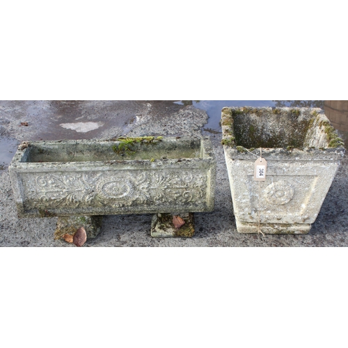 304 - 2 weathered concrete garden planters, the square one approx 37cm square x 36cm tall