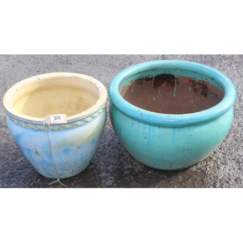 306 - 2 glazed garden pots, the largest approx 46cm wide x 28cm tall