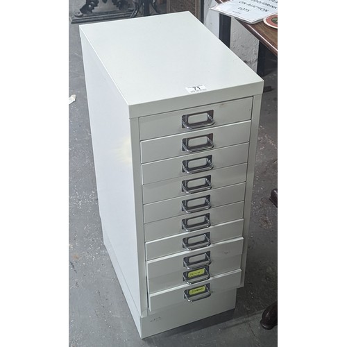 71 - A Bisley style 10 drawer metal cabinet in white, approx 28cm wide x 41cm deep x 71cm tall