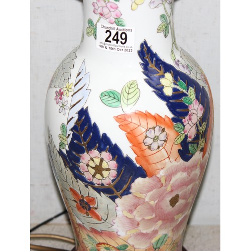 249 - Colourful hand painted floral vase converted into a lamp with wooden base, approx 50cm tall