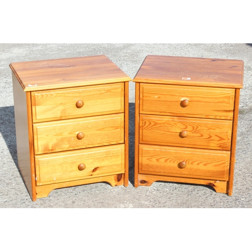 22 - A pair of modern pine 3 drawer bedside cabinets, each approx 52cm wide x 42cm deep x 59cm tall