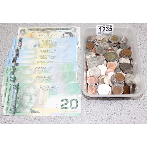 1235 - Qty of assorted mixed Canadian and US coins and a number of Canadian banknotes, approx 1.1kg gross