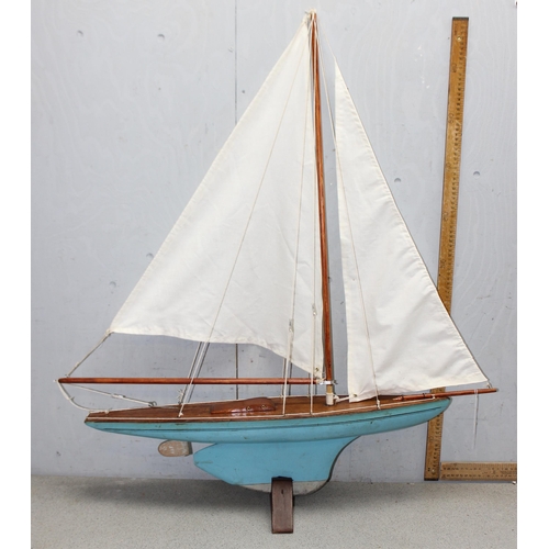 1503 - Vintage wooden pond yacht on stand, approx 106cm tall