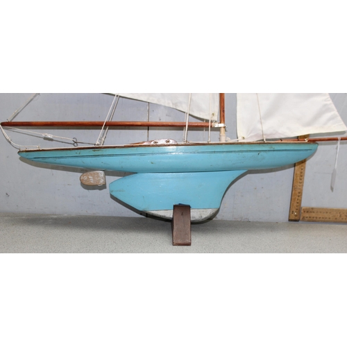 1503 - Vintage wooden pond yacht on stand, approx 106cm tall