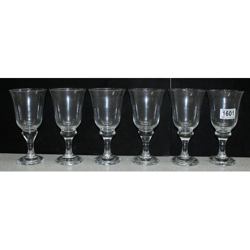 1601 - Set of 6 glass antique style tulip shaped wine glasses