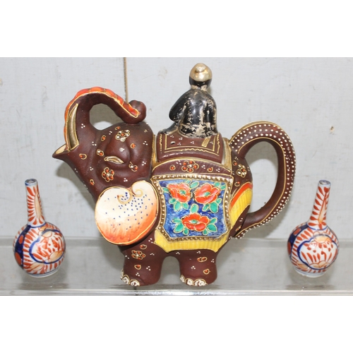 1613 - Qty or Oriental items to incl ceramic elephant teapot, hand-fans and little porcelain plaques etc