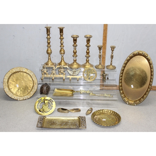 1700 - Qty of assorted antique and later brassware to inc 3 pairs of candlesticks, approx 5.5kg gross