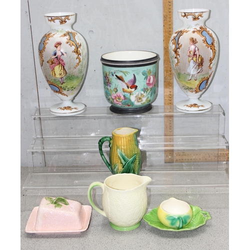 1712 - Qty of glass and ceramic items to incl a pair of milk-glass classical style vases, Sylvac jug, Falco... 