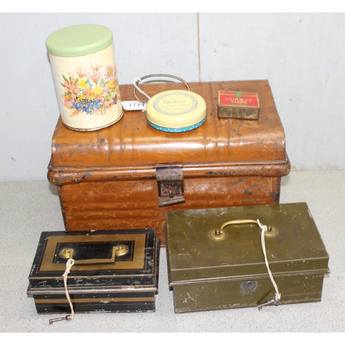 1714 - Small metal trunk, 2 cash tins, and 3 other tins, largest is approx 41cm x 26cm x 24cm