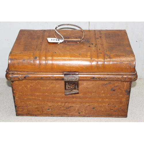 1714 - Small metal trunk, 2 cash tins, and 3 other tins, largest is approx 41cm x 26cm x 24cm