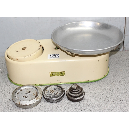 1715 - Vintage enamel bread bin, 2 enamelware candle holders and a retro set of weighing scales by Harper w... 