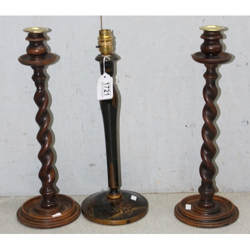 1721 - Pair of wooden candlesticks with twist columns, and a candlestick style lamp-base