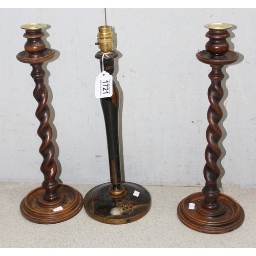 1721 - Pair of wooden candlesticks with twist columns, and a candlestick style lamp-base