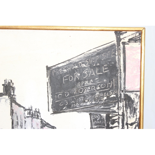 401 - Mid-century oil on board of a London street scene, indistinctly signed, approx 109cm x 89cm inc fram... 