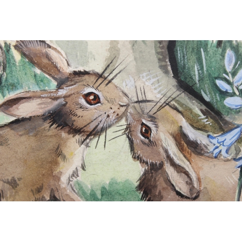 411 - Marjorie Wilding (XX), Art Deco period watercolour of rabbits and flowers in a woodland setting, sig... 