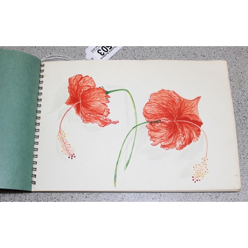 503 - Vintage amateur sketchbook with coloured drawings of still life flowers etc