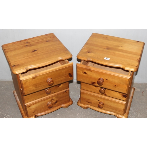 62 - A pair of modern pine 3 drawer bedside cabinets, each approx 45cm wide x 40cm deep x 60cm tall