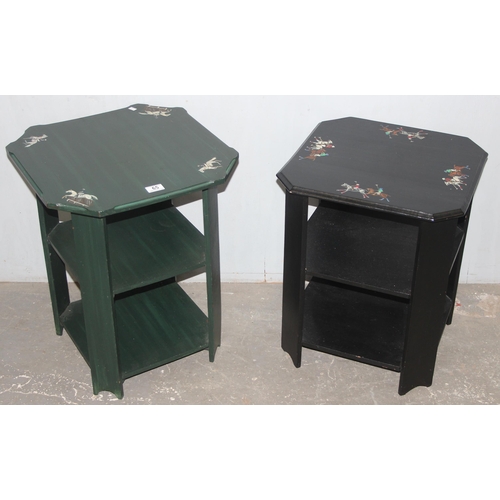 65 - A pair of black painted Art Deco period side tables, the tops with hand painted scenes of Polo playe... 