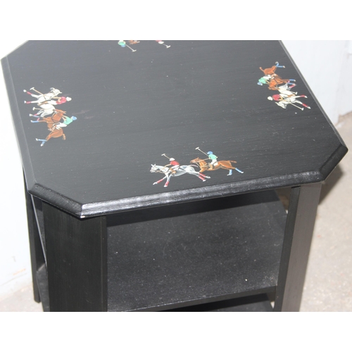 65 - A pair of black painted Art Deco period side tables, the tops with hand painted scenes of Polo playe... 