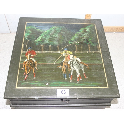 66 - A vintage wooden sewing box, the top painted with a scene of a Polo match, with sewing related conte... 