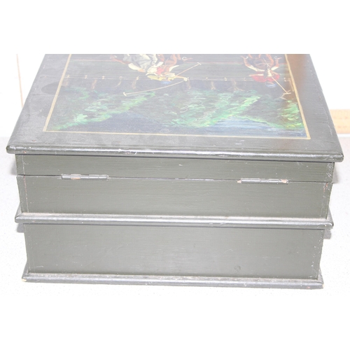 66 - A vintage wooden sewing box, the top painted with a scene of a Polo match, with sewing related conte... 