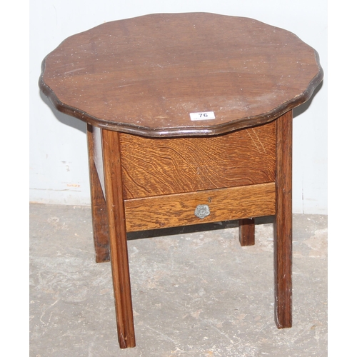 76 - A retro oak sewing box table on legs with contents, approx 48cm wide x 48cm deep x 48cm tall