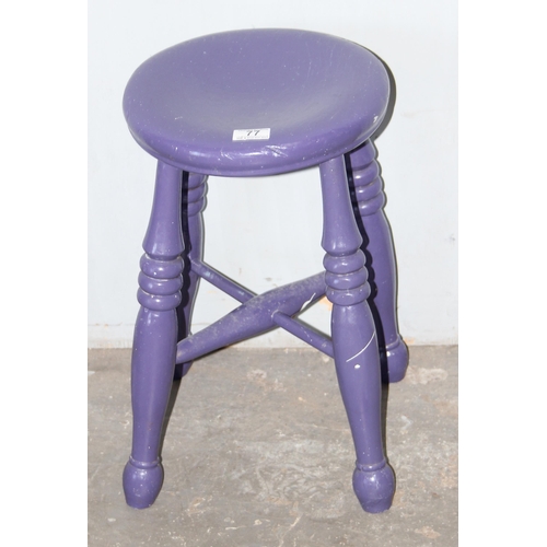 77 - An early 20th century purple painted stool, likely elm, approx 29cm wide x 29cm deep x 48cm tall