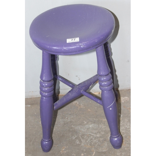 77 - An early 20th century purple painted stool, likely elm, approx 29cm wide x 29cm deep x 48cm tall